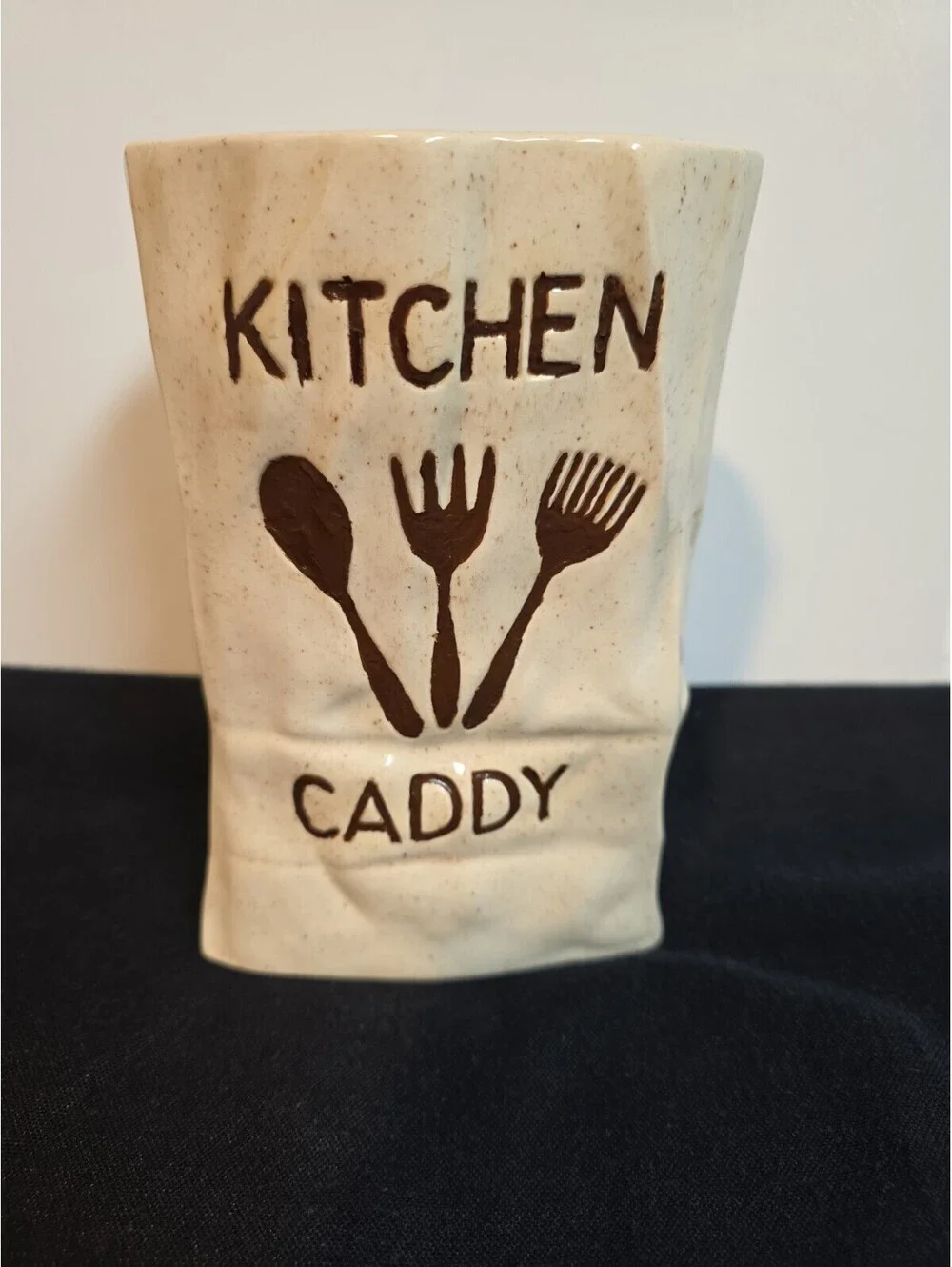 Vintage Ceramic Kitchen Caddy Utensil Holder Crumpled Paper Bag Speckled Cream